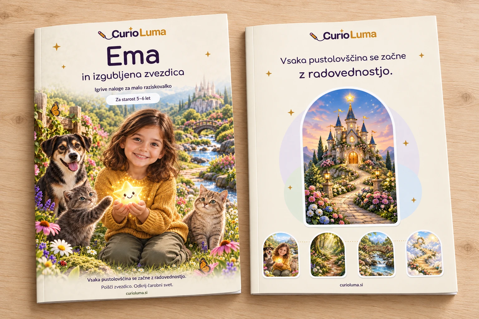 Front and back covers of Ema and the lost star with a fictional girl photographed together on one wooden table